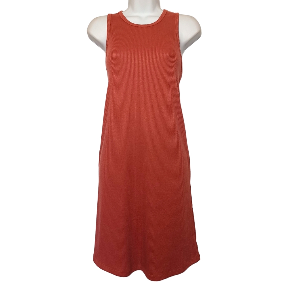 NINE WEST Rust Orange Ribbed Sleeveless Stretchy Shift Mini Dress Medium